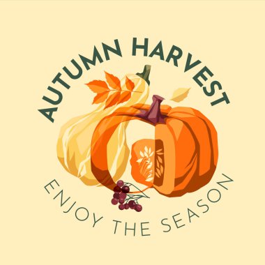 tarım, bahçıvanlık ve sonbahar hasat konsepti. Sonbahar yaprakları ve mesajları olan balkabağı. Risograf etkisi. Vektör düz resimleme