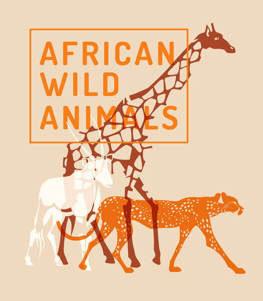 Silhouettes of wild African animals. Giraffe, gazelle, cheetah. Risograph effect. Vector flat illustration. Zoo, tourism concept advertising.