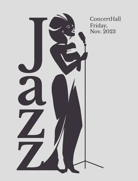 Poster Bianco Nero Cantante Jazz Pubblicità Una Cartolina Evento Musicale — Vettoriale Stock