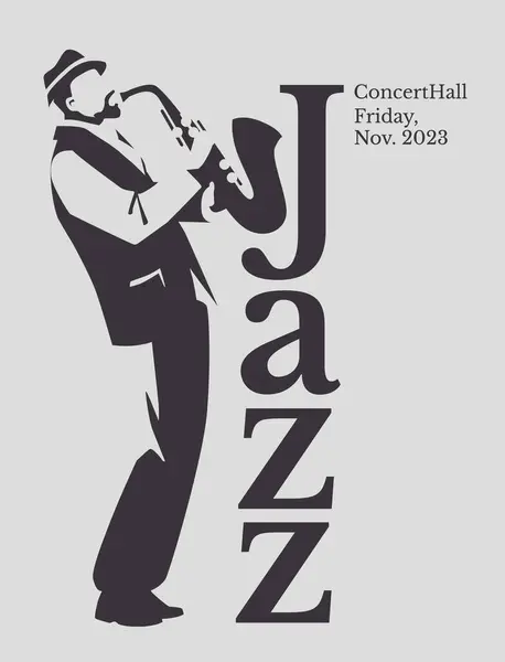 Sassofonista Jazz Poster Bianco Nero Pubblicità Una Cartolina Evento Musicale — Vettoriale Stock