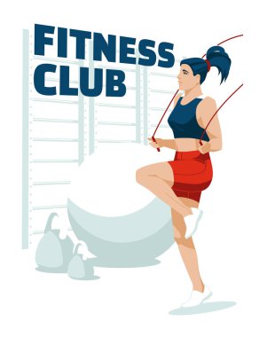 Genç bir kadın salonda ip atlarken zıplıyor. Spor müsabakaları, hobiler ve sağlıklı bir yaşam tarzı. Vektör düz resimleme