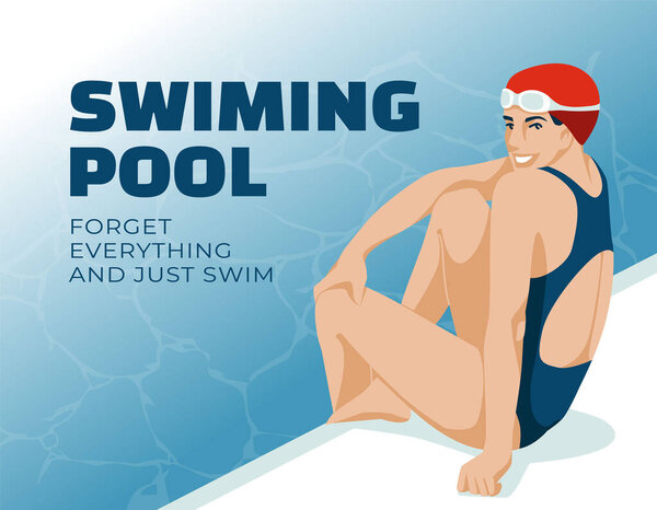 Sport woman sitting in the pool. Advertising of hobbies and professional sports. Vector flat illustration