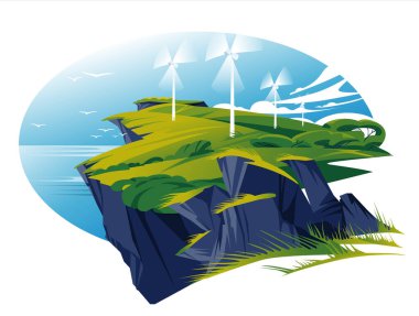 Yeşil deniz yel değirmenleri. Vektör düz çizim. Sürdürülebilir enerji gelişimi kavramı
