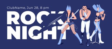 Rock müzik konseri reklam pankartı. Büyük fontlarda müzisyenler ve koyu bir arka plan. Bir gece kulübünde performans. Vektör düz resimleme
