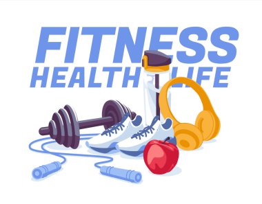Spor ve spor için bir takım eşyalar ve spor salonu. Spor ayakkabıları, su, ip atlama, elmalı dambıl, kulaklık. Vektör düz resimleme