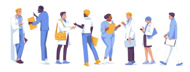 Bir sürü farklı doktor. Beyaz arka planda izole edilmiş. Vektör düz resimleme