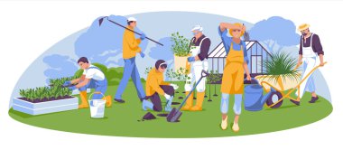 Bahar ve yaz bahçe işleri. Bahçe aletleri olan farklı insanlar. Sera. Mevsimlik işler kavramı. Düz vektör illüstrasyonu