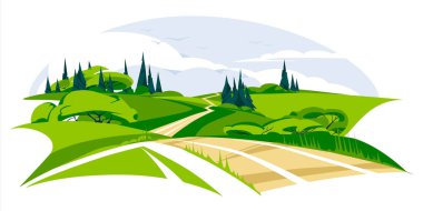 Yeşil bir tarlanın ortasında bir patika. Doğa eğlencesi ve seyahat konsepti. Mavi gökyüzü ufku. Bahar ve yaz maceraları. Vektör düz resimleme