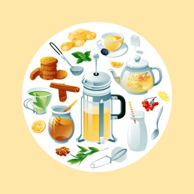 Bir çay takımı. Kare ve yuvarlak kompozisyon. Vektör çizimi. Yeşil, siyah, bitkisel çaydanlık, bardak ve semboller. Vektör illüstrasyonu