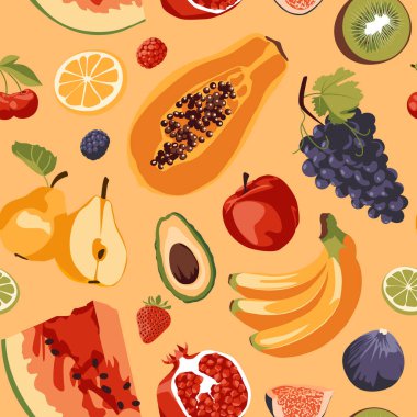 Meyve deseni. Düz vektör çizimi. Restoran, menü, tarım, bakkal. Vejetaryen ve sağlıklı yaşam tarzı.