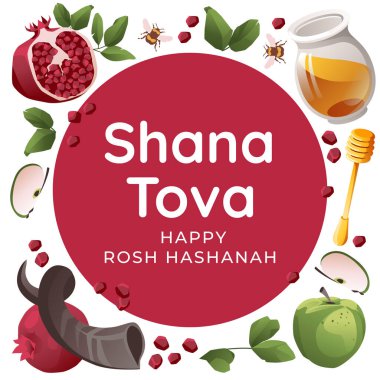Rosh Hashanah tebrik kartı. Geleneksel Yahudi bayramının kare ve daire kompozisyonu. Vektör illüstrasyonu