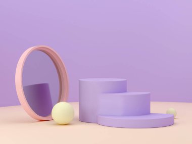 Abstract minimal scene with geometrical forms. Podiums in pastel colors and mirror. Abstract background. Scene to show cosmetic podructs. Showcase, shopfront, display case. 3d render.