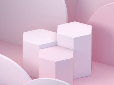 Podyum ve soyut arkaplanlı 3D sahne minima. Geometrik şekiller. Pastel renkler sahnesi. Asgari 3D görüntüleme. Geometrik şekilli sahne ve kozmetik ürün için dokulu arka plan. 3d hazırlayıcı. 
