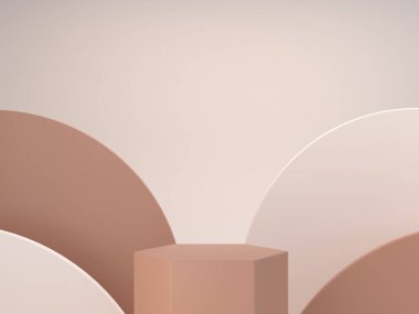 Mocha Mousse renginde en az 3D podyum, geometrik formlar ve katmanlar. Moda rengi 2025. Kozmetik ürün sunumu sahnesi. Soyut arka plan, kahverengi stüdyo odası. 3d hazırlayıcı.