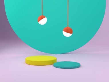 Ürün gösterimleri için 3D görüntüleme. Kıvrımlı formları ve canlı renklerde podyumu olan soyut bir arka plan. Ekran görüntüsü, en küçük şekiller. 
