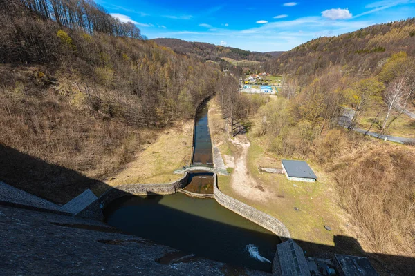 Beautiful landscape seen from top of Bystrzyca water dam to Bystrzyca river at sunny morning