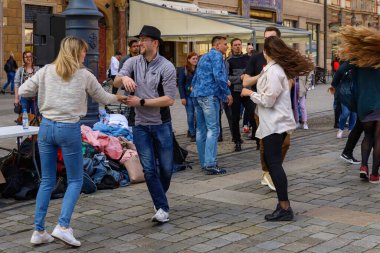 Wroclaw, Poland - April 2022: Rueda de Casino open event at market square