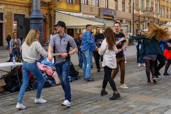 Wroclaw, Poland - April 2022: Rueda de Casino open event at market square