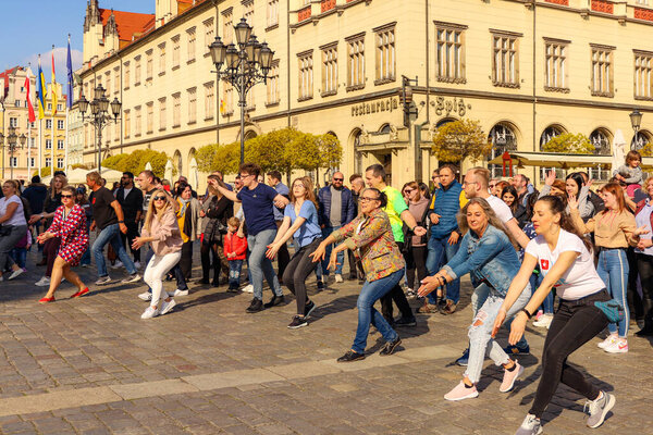Wroclaw, Poland - April 2022: Rueda de Casino open event at market square