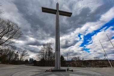 Gdynia, Poland - April 2022: Small square with viewpoint Kamienna Gora and big cross at center