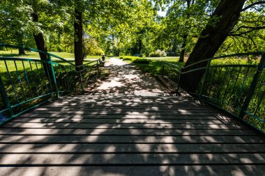 Old renovated retro bridge with green metal railings over small river in small colorful park at sunny morning