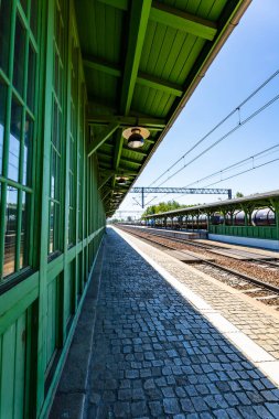 Wroclaw, Poland - May 2022: Green platform at railway station in Lesnica