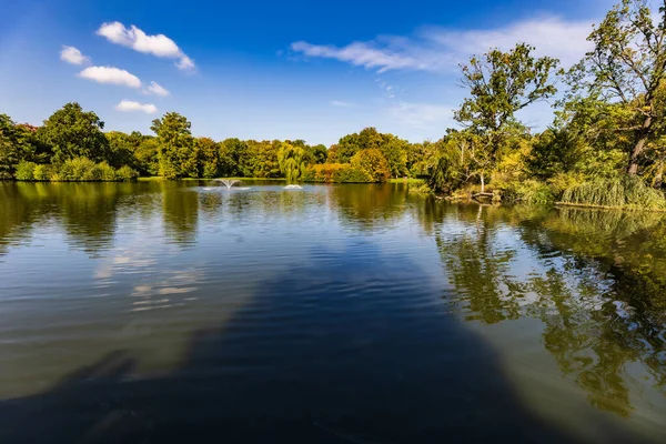 Krásné Slunné Panorama Velkého Jezera Malými Fontánami Centru Zelené Stromy — Stock fotografie