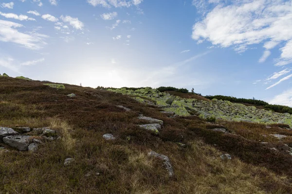 stock image Beautiful landscape of hills and mountains full of green bushes, yellow grass and big rocks at sunny autumn day