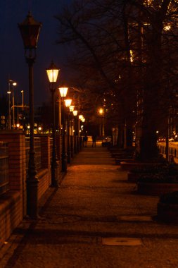 Nehrin kıyısında uzun dar bir yol. Karanlık öğleden sonra bir sürü parıldayan şehir lambası var.