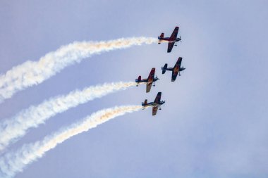 Leszno, Polonya - 16 Haziran 2023: Antidotum Hava Şovu Leszno 2023 ve akrobatik gösteriler bulutlu bir gökyüzünde Uçan Boğalar Akrobatik Takımı dumanı ile dolu