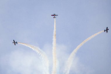 Leszno, Polonya - 16 Haziran 2023: Antidotum Hava Şovu Leszno 2023 ve akrobatik gösteriler bulutlu bir gökyüzünde Uçan Boğalar Akrobatik Takımı dumanı ile dolu