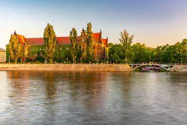 Wroclaw, Polonya - 25 Haziran 2023: Ulusal Müzenin güzel ve renkli cephesi Odra nehrinin üzerinde gün batımında gezinmek üzere olan sarmaşıklarla dolu