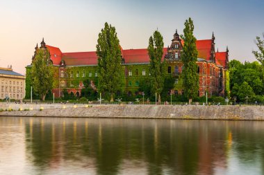 Wroclaw, Polonya - 25 Haziran 2023: Ulusal Müzenin güzel ve renkli cephesi Odra nehrinin üzerinde gün batımında gezinmek üzere olan sarmaşıklarla dolu