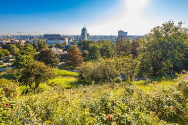 Gdansk, Polonya - 6 Eylül 2023: Gradowa dağının tepesinden hiç bulut görünmeyen Gdansk şehrinin güzel sabah manzarası