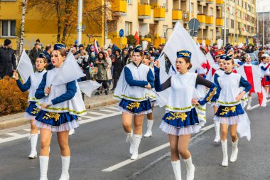 Wroclaw, Polonya - 11 Kasım 2023: 11 Kasım 'da Wroclaw şehir sokaklarında yürüyen güzel ve renkli Bağımsızlık Yürüyüşü