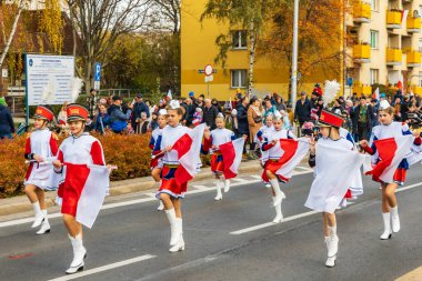 Wroclaw, Polonya - 11 Kasım 2023: 11 Kasım 'da Wroclaw şehir sokaklarında yürüyen güzel ve renkli Bağımsızlık Yürüyüşü