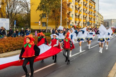 Wroclaw, Polonya - 11 Kasım 2023: 11 Kasım 'da Wroclaw şehir sokaklarında yürüyen güzel ve renkli Bağımsızlık Yürüyüşü