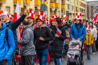 Wroclaw, Polonya - 11 Kasım 2023: 11 Kasım 'da Wroclaw şehir sokaklarında yürüyen güzel ve renkli Bağımsızlık Yürüyüşü