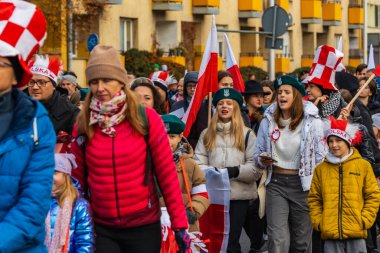 Wroclaw, Polonya - 11 Kasım 2023: 11 Kasım 'da Wroclaw şehir sokaklarında yürüyen güzel ve renkli Bağımsızlık Yürüyüşü