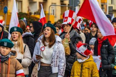 Wroclaw, Polonya - 11 Kasım 2023: 11 Kasım 'da Wroclaw şehir sokaklarında yürüyen güzel ve renkli Bağımsızlık Yürüyüşü