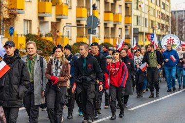 Wroclaw, Polonya - 11 Kasım 2023: 11 Kasım 'da Wroclaw şehir sokaklarında yürüyen güzel ve renkli Bağımsızlık Yürüyüşü