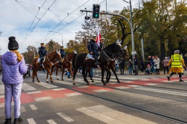 Wroclaw, Polonya - 11 Kasım 2023: 11 Kasım 'da Wroclaw şehir sokaklarında yürüyen güzel ve renkli Bağımsızlık Yürüyüşü