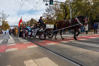 Wroclaw, Polonya - 11 Kasım 2023: 11 Kasım 'da Wroclaw şehir sokaklarında yürüyen güzel ve renkli Bağımsızlık Yürüyüşü