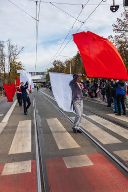 Wroclaw, Polonya - 11 Kasım 2023: 11 Kasım 'da Wroclaw şehir sokaklarında yürüyen güzel ve renkli Bağımsızlık Yürüyüşü