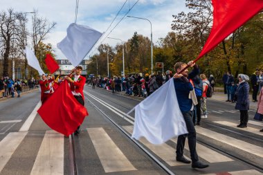 Wroclaw, Polonya - 11 Kasım 2023: 11 Kasım 'da Wroclaw şehir sokaklarında yürüyen güzel ve renkli Bağımsızlık Yürüyüşü