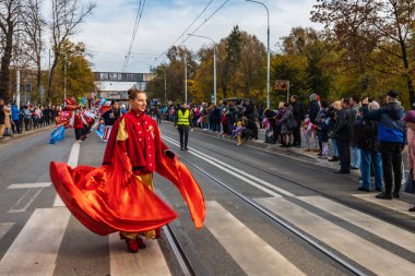Wroclaw, Polonya - 11 Kasım 2023: 11 Kasım 'da Wroclaw şehir sokaklarında yürüyen güzel ve renkli Bağımsızlık Yürüyüşü