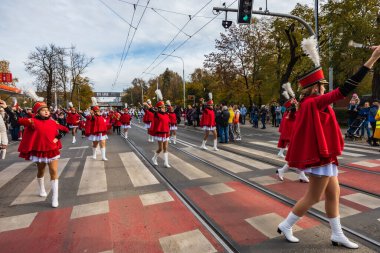 Wroclaw, Polonya - 11 Kasım 2023: 11 Kasım 'da Wroclaw şehir sokaklarında yürüyen güzel ve renkli Bağımsızlık Yürüyüşü