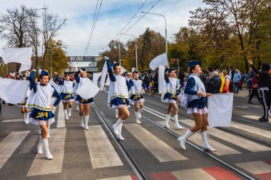 Wroclaw, Polonya - 11 Kasım 2023: 11 Kasım 'da Wroclaw şehir sokaklarında yürüyen güzel ve renkli Bağımsızlık Yürüyüşü