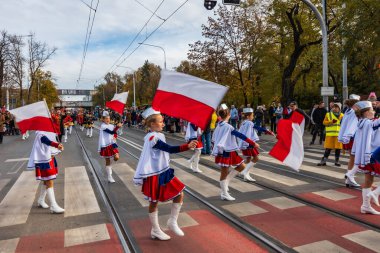 Wroclaw, Polonya - 11 Kasım 2023: 11 Kasım 'da Wroclaw şehir sokaklarında yürüyen güzel ve renkli Bağımsızlık Yürüyüşü