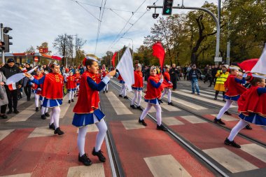 Wroclaw, Polonya - 11 Kasım 2023: 11 Kasım 'da Wroclaw şehir sokaklarında yürüyen güzel ve renkli Bağımsızlık Yürüyüşü